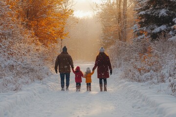 Family walking through snow-covered forest.