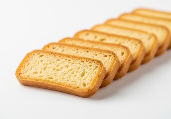 A neatly arranged, overlapping row of thin, golden-brown toast slices or rusks, showcasing their crisp texture and porous interior. Isolated white background.