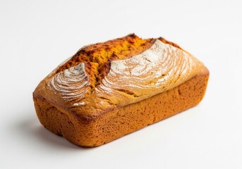 A fresh, rectangular loaf of pumpkin or spiced bread with a golden-brown crust and a dusty white flour topping. Isolated white background.
