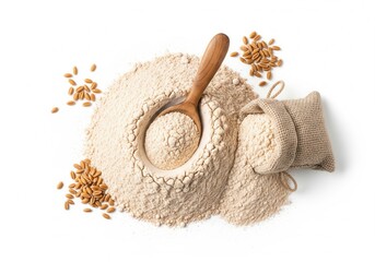 A mound of whole grain flour with a wooden scoop, a small burlap sack of flour, and scattered wheat grains. Isolated white background.