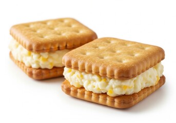 Two square crackers with ridged edges are sandwiched together with a creamy, textured filling, creating a snack or dessert. Isolated white background.