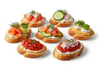 A cluster of seven colorful canapes or bruschetta with diverse toppings like smoked salmon, cheese, and red pepper spread. Isolated white background.