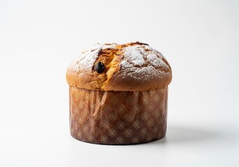 This classic Italian holiday bread, dusted with powdered sugar and wrapped in paper, is a sweet tradition. Isolated white background.