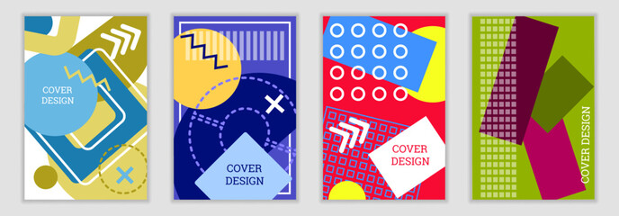 Bright background in Memphis style. Set of geometric cover designs. 