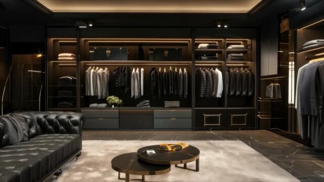 A luxurious men's clothing boutique with a leather sofa, shelves, and hangers Designing fashion catalogs, boutique interior design projects, advertising luxury brands, articles on style and fashion tr