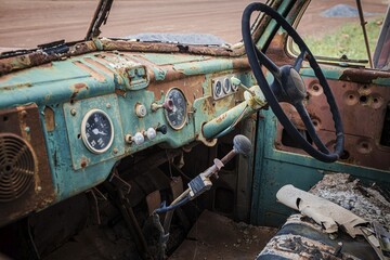 International 190, year of manufacture 1952, view inside the car, vintage car wreck, Mullewa, Western Australia, Australia