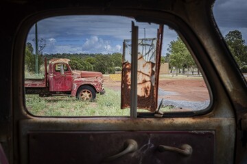 View of an International 190, year of manufacture 1952, old platform lorry, vintage car wreck, Mullewa, Western Australia, Australia