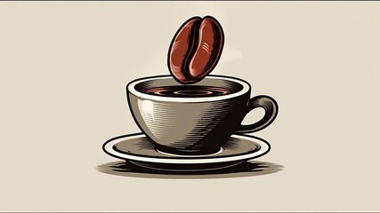 Stylized coffee cup with floating coffee bean illustration - Powered by Adobe
