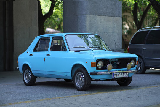 Perfectly maintained blue classic Zastava 101 (related Fiat 128, Skala, Yugo, Stojadin) - Yugoslavian automotive history. 08 June 2025, Subotica, Serbia