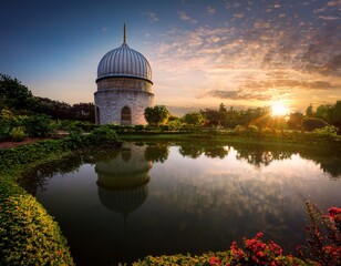 Obraz premium sunrise over a serene dome reflecting in a tranquil pond a beautiful peaceful architectural wonder amidst lush greenery