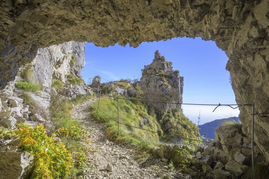 Meatte hiking trail leads along a war road from the First World War through many tunnels, Pieve del Grappa, province of Treviso, Italy