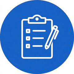 Blue background showing a white clipboard icon with a pen for note taking
