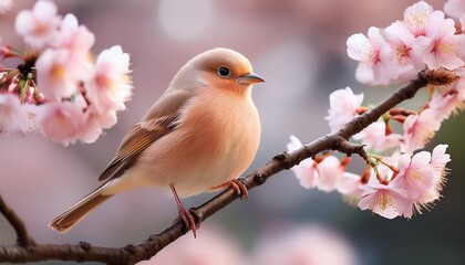 peach colored bird with pale eyes and small beak sits on a thin branch with light pink blossoms