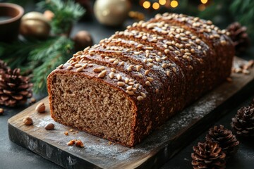 Loaf of bread with nuts on cutting board.