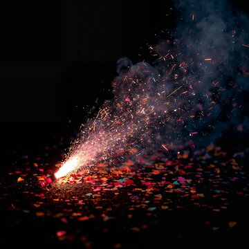 Close-up of toppled firework rocket on ground with smoke and scattered confetti