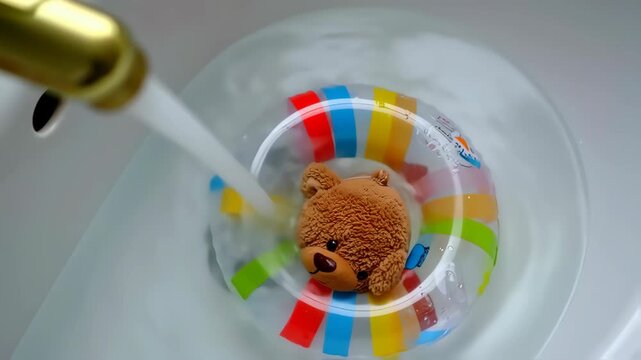 Inflatable ring with teddy bear in a sink, water running