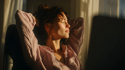 Serene Moment: Capturing a relaxed person at home, basking in the warm glow of morning light, a symbol of tranquility and peace.