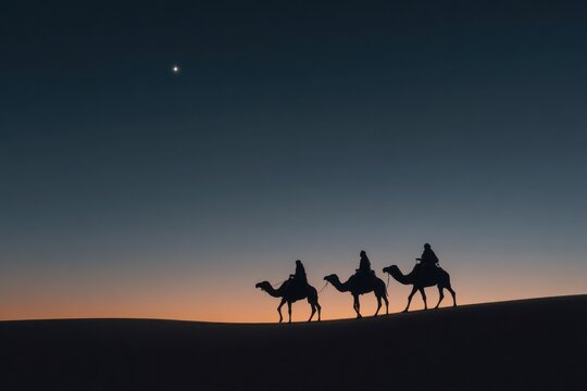 silhouettes of three kings riding camels under morning star desert horizon epiphany christian catholic tradition holiday faith journey religious culture festive celebration heritage symbol of night - Powered by Adobe