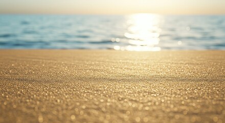 Golden Hour on the Beach A Serene Seaside Scene of Sand and Sea with the Sunset's Glow
