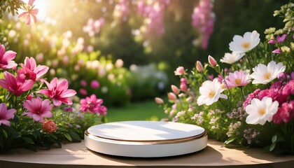 product podium for display and presentation surrounded by vibrant garden flowers in full bloom perfect for cosmetic promotions featuring a fresh summer and spring floral background with lush nature