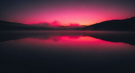Fototapeta premium A serene landscape captures a vibrant pink and purple sunset reflecting on calm water.