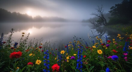 A serene landscape featuring a misty lake, colorful wildflowers, and a distant treeline under a cloudy sky.