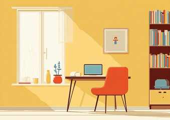 Serene workspace with warm yellow walls, bathed in soft sunlight streaming through window