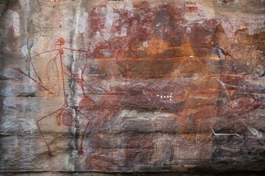 Aboriginal rock art, hunting scene, Kadadu National Park, Ubirr, or Obiri Rock, Northern Territory, Australia