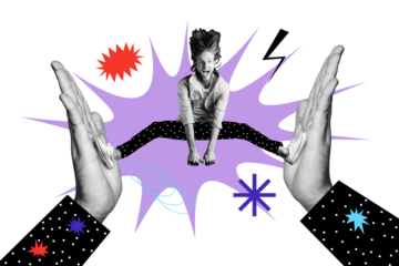 Composite photo collage of crazy man jump inside human palm clap high five gesture cooperation success deal isolated on painted background