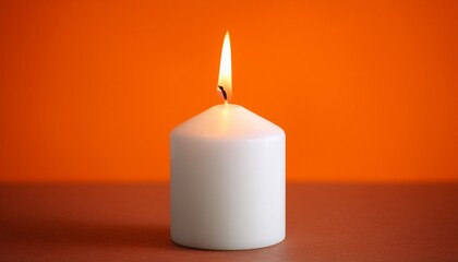 Elegant White Candle Burning With Flame Against Bright Orange Background