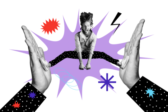 Composite photo collage of crazy man jump inside human palm clap high five gesture cooperation success deal isolated on painted background