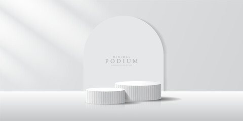 3D product Minimal display stand, white circle on grey background. Abstract geometric shapes in a simple design. Fashion stage mockup scene. Studio product display stand. Product advertising stand