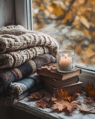 Cozy autumn window scene with warm textures, books, candle and fall foliage