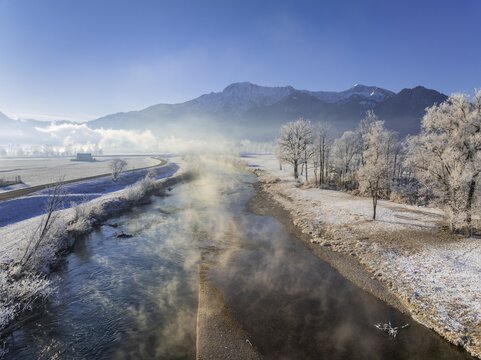River, morning light, fog, hoarfrost, mountains, winter, snow, aerial view, Loisach, view of Herzogstand, Heimgarten, Alpine foothills, Bavaria, Germany