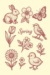 Vintage illustration of spring theme with flowers, bird, butterfly, and seasonal decorative motifs.
