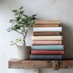 Bookshelf Arrangement: Stacked Books and Potted Plant Against Textured Wall