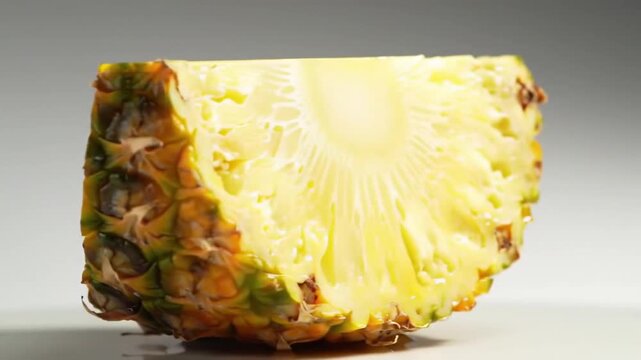 Close-up of a fresh pineapple slice with yellow flesh and green/brown skin on a glossy surface. Radiating texture is visible