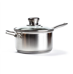 Sturdy, fuzzy stainless steel saucepan with lid.