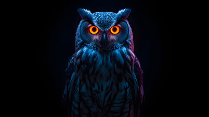 Obraz premium Mystical Owl in the Dark: Captivating close-up of a nocturnal owl with piercing orange eyes stands out against an inky black background, emanating an aura of mystery and wisdom. 