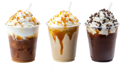 Three delicious and visually appealing dessert drinks. featuring a caramel iced coffee. a creamy vanilla shake. and a rich chocolate treat. all presented in clear cups against a clean white background