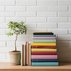 Arrangement of colorful books stacked near a bonsai tree against white brick wall