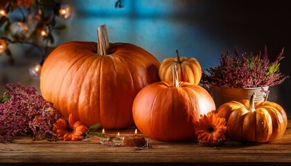 A Beautiful Halloween Still Life With Pumpkins And Flowers Warm Lighting Ambiance