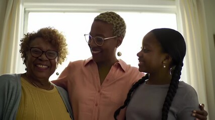 Happy African American Three Generations Women Posing Together Near White Window With Natural Light