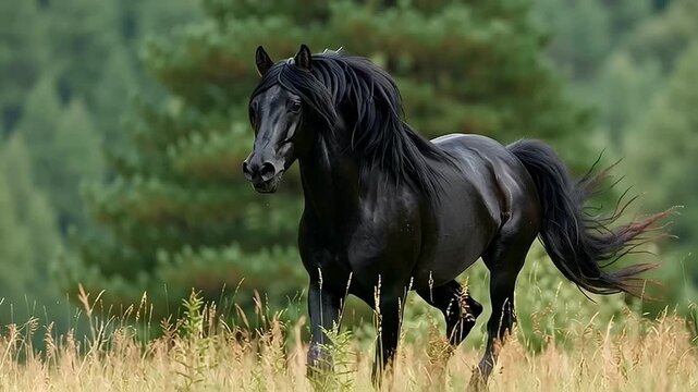 Black friesian stallion galloping freely in nature