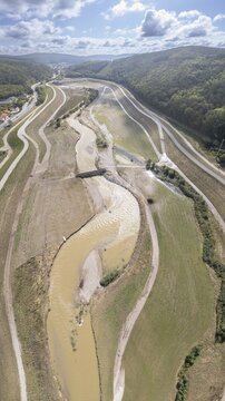 Aerial view of the Fahrafeld flood defences after a severe storm, Pottenstein, Lower Austria, Austria
