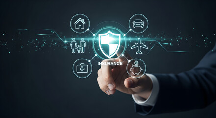 Insurance Concept Digital Protection Male Hand Touching Screen Dark Background Copy Space