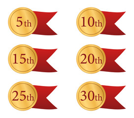 アニバーサリー周年記念  赤いリボン付きセット シンプル ベクター素材（5周年・10周年・15周年・20周年・25周年・30周年）