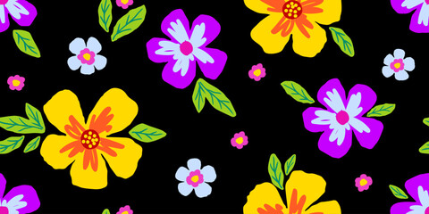 Bright floral vector seamless pattern. Yellow, purple flowers, green leaves on a black background. For fabric prints, textile products, clothing.