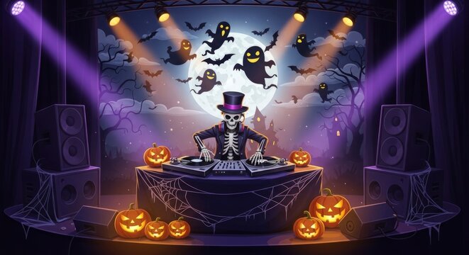 Spooky skeleton DJ spins tunes for a haunted Halloween party with ghosts and bats under a full moon