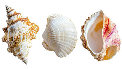 Obraz premium A collection of three distinct seashells intricate patterns and textures. arranged artistically on a clean background. ideal for marine-themed decor or educational materials